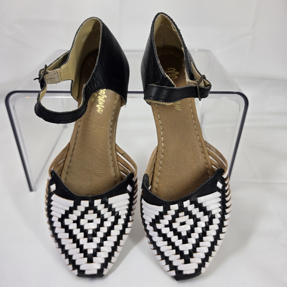 Macarena Woven Leather Huarache Flats Black White Mary Jane Women US 9 EU 39